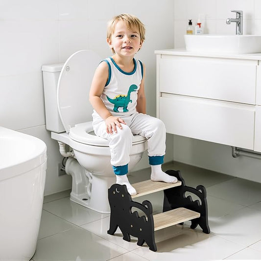 COSYLAND Kids Step Stool for Bathroom Height Adjustable - Lovely Cat Potty Training Stools for Toddlers - Wooden Stepping Stool with Handle for Bathroom Sink (Natural & Grey)