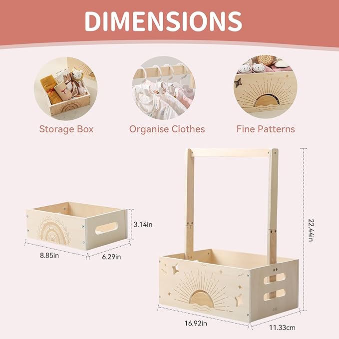 Wooden Baby Shower Crate Closet Set with 10 Hangers, Baby Clothing Rack,Shower Party Basket with Handle and Swing, Large Capacity Baby Storage Crate, Newborn Baby Gifts Basket for New Parent ( 2 PCS)
