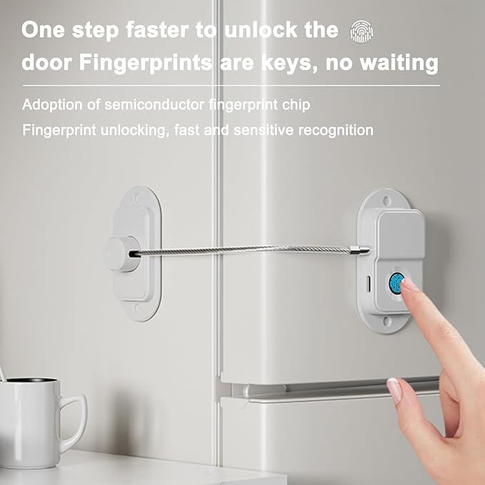 Fingerprint Fridge Lock (2 Pack),Refrigerator Lock with Fingerprint,for Fridge, Cabinet locks, Drawers, Dishwasher, Toilet and Cabinet Locks Baby Proofing, 3M Adhesive No Drilling (White)