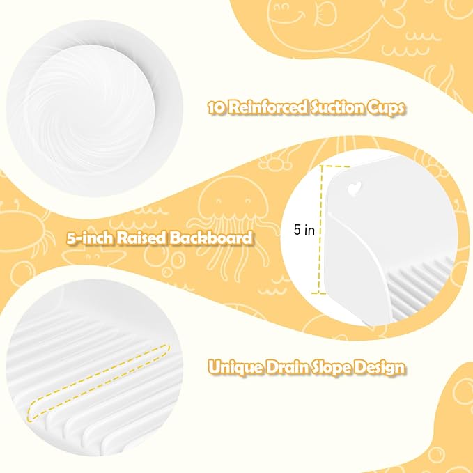 24 Inch Bathtub Splash Guard with 10 Suction Cups, Silicone Tub Water Splash Guard for Bathtub, Bath Toy Tray Holder Play Shelf for Kids, Universal for Bathroom, Kitchen Sink (White)