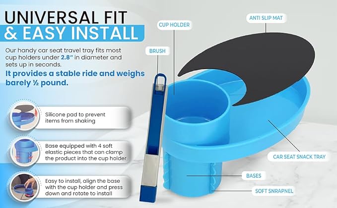 Complete Kids Travel Tray Kit - Easily Expands Cup Holder into 360° Cup & Travel Tray for Kids Car Seat, Booster, and Stroller - Toddler Road Trip Essentials Set Includes Coaster & Brush (Pink)
