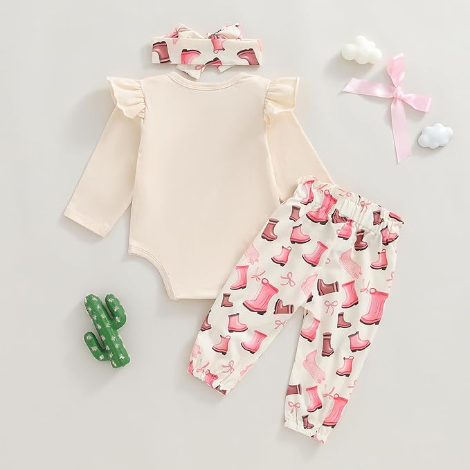 Fernvia Western Newborn Baby Girl Clothes Long Sleeve Letter Print Romper Animal Print Pants Headband 3Pcs Outfits Sets