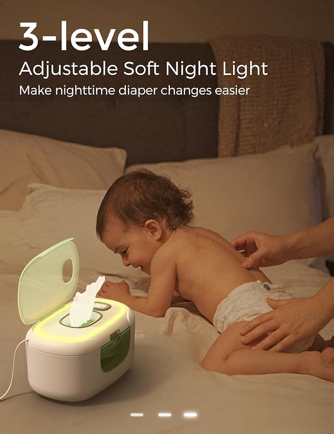 Momcozy New Baby Wipe Warmer, Large Capacity Wipe Dispenser Compatible with 60-80pcs,10-Min Fast Heating,4 Temperature Modes,Innovative Spring Design,Silicone&Top Seals,Even Heating,3-Level Nightlight