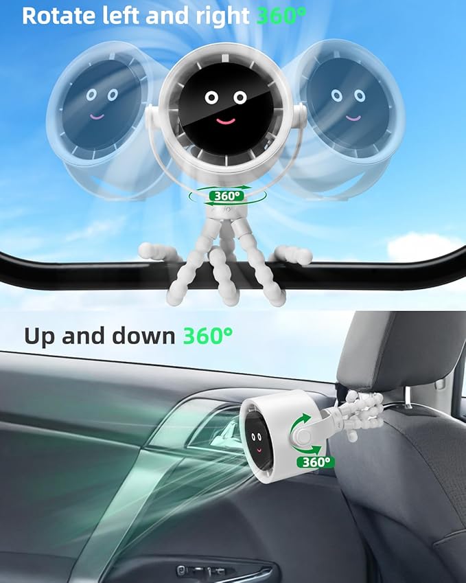 Stroller Fan Portable, Personal Fan for Travel, Air Turbo Tech & Digital display, Detachable 5 Speeds Rechargeable 360° Rotate Flexible Tripod, For Home Office Stroller (White)