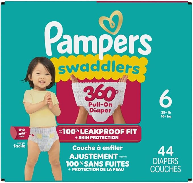 Pampers Diapers - Swaddlers 360° - Size 6, 44 Count, up to 100% Leakproof Comfy Dry Fit, Designed for Easy Changes, Pull On Baby Diaper (Packaging May Vary)