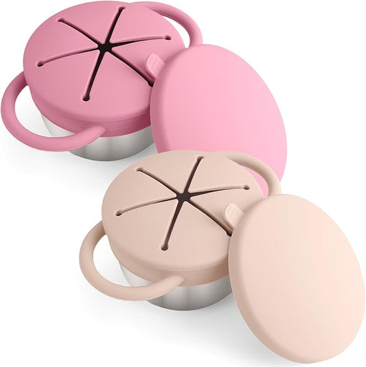 Mity rain 2-Pack Stainless Steel Snack Containers for Toddlers with Spill-Proof Silicone Lids & Handles - 3-in-1 Baby Snack Cups, No-Spill Toddler Snack Box, Perfect for On-the-Go Healthy Eating