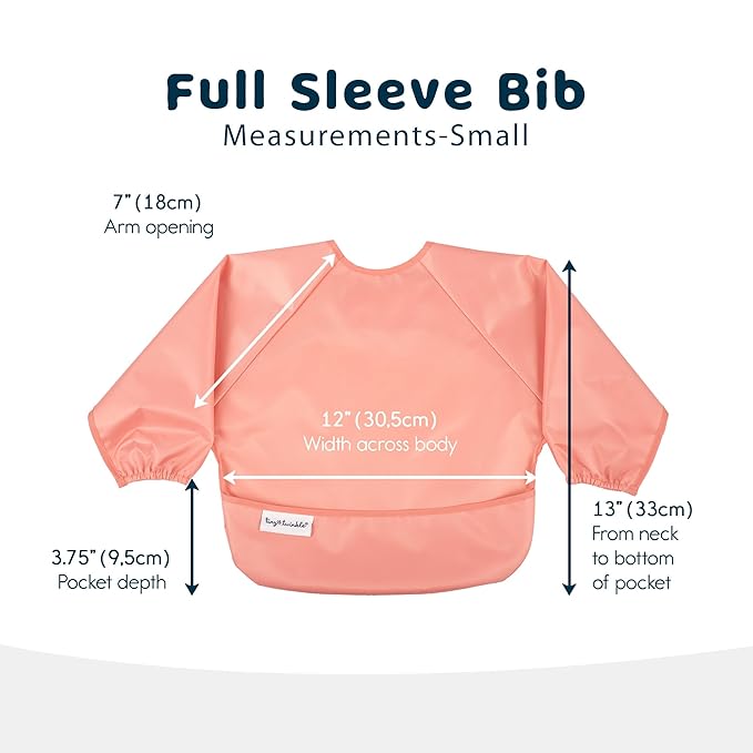 Tiny Twinkle Mess Proof Baby Bibs, 2pk Waterproof Smock Baby Bibs for Eating, Machine Washable Long Sleeve Bibs, Baby Led Weaning, Toddler Bibs, BLW Supplies (Peach Terracotta, Small 6-24 Months)