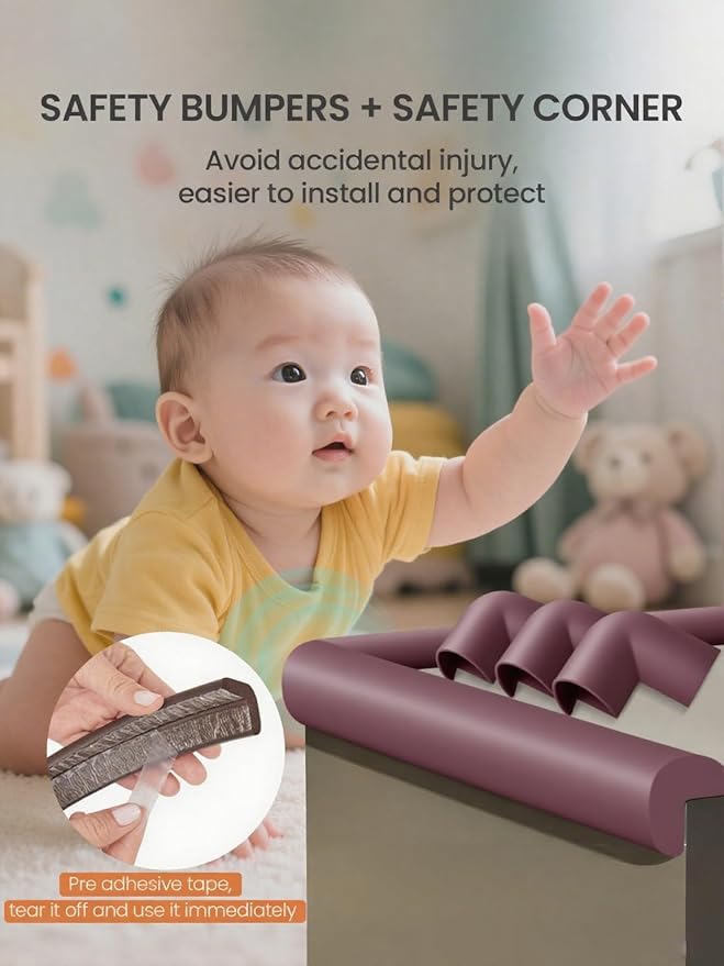 Baby Proof Edge Corner Protector, 16.4FT 0.47''Th L-Shape Furniture Corner & Edge Safety Bumpers with 10 Corners, Pre-Taped, Soft NBR Rubber Foam Desk Edge Cushion Wall Corner Protector (Brown)