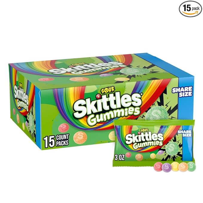 SKITTLES GUMMIES Sour Gummy Candy, Share Size Tart Sour Candy, 3 Oz Candy Bags, 45 Oz (Pack of 15)