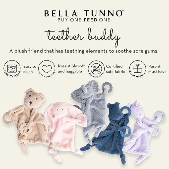 Baby Teether & Plush Lovey by Bella Tunno, Silicone Teether with Animal Snuggle Toy & Sensory Rattle, Teething Relief for Babies 0-6 Months, 6-12 Months, Hippo
