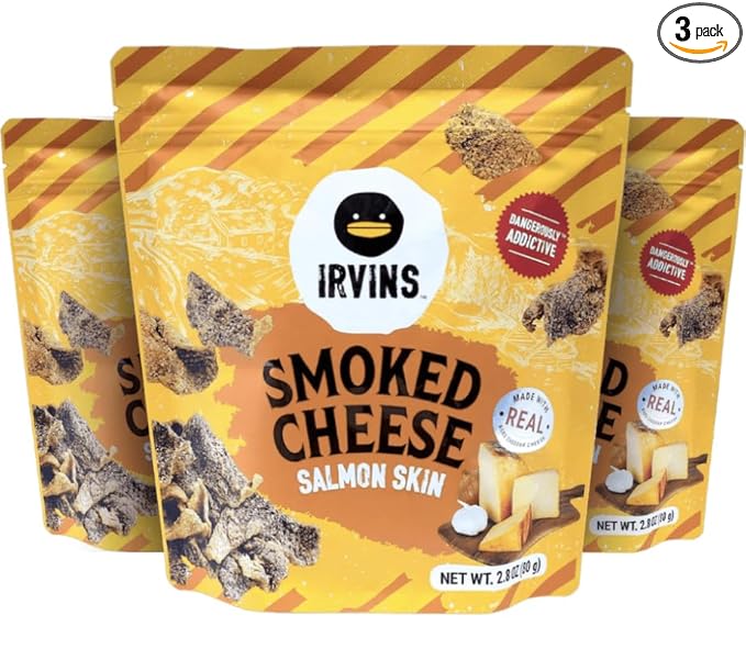IRVINS Smoked Cheese Salmon Skin Chips Crisps | Premium Hand Cooked | Halal | High Protein | Keto-Friendly | 2.8 oz (Pack of 3)