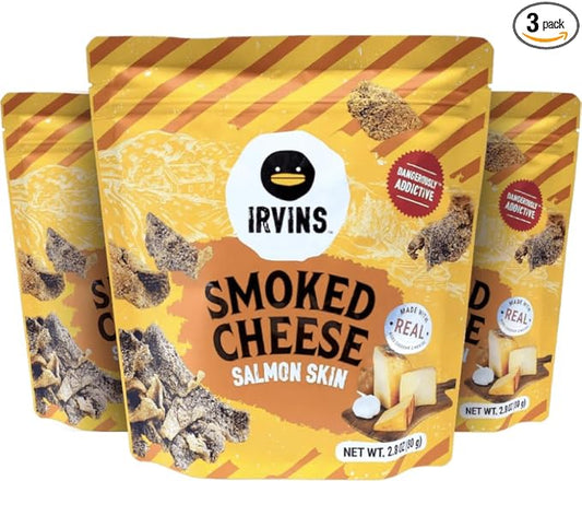 IRVINS Smoked Cheese Salmon Skin Chips Crisps | Premium Hand Cooked | Halal | High Protein | Keto-Friendly | 2.8 oz (Pack of 3)