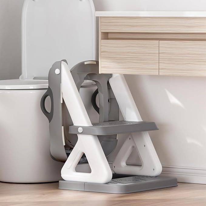 Potty Training Toilet Seat with Step Stool Ladder for Boys and Girls, 2 in 1 Potty Training Toilet, Splash Guard Anti-Slip Pad Step Stool（Gray-White) Pedal Upgrade