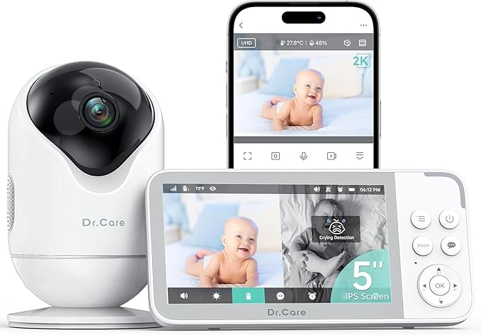 Dr.Care VistaView Smart WiFi Baby Monitor - 5” 1080P Split Screen & 2K Camera App Control, Cry & Motion Alerts, HD Night Vision, 5000mAh Battery, 2-Way Talk, Multi-User, Triple Security, 1279ft Range