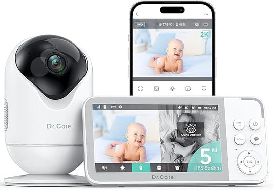 Dr.Care VistaView Smart WiFi Baby Monitor - 5” 1080P Split Screen & 2K Camera App Control, Cry & Motion Alerts, HD Night Vision, 5000mAh Battery, 2-Way Talk, Multi-User, Triple Security, 1279ft Range