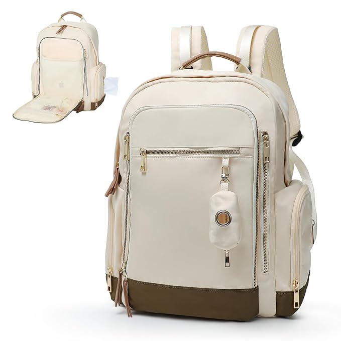 miss fong Diaper Bag Backpack - Baby Diaper Bag Mommy Bag Diaper Backpack with 16 Pockets Large Capacity Travel Diaper Bag Baby Shower Gifts for Mom & Dad-Off-White