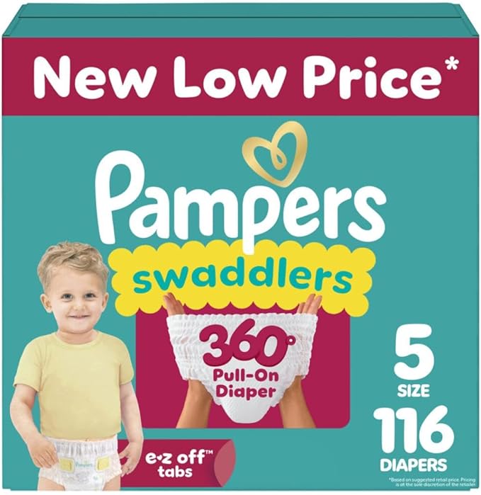 Pampers Diapers - Swaddlers 360° - Size 5, 116 Count, up to 100% Leakproof Comfy Dry Fit, Designed for Easy Changes, Pull On Baby Diaper (Packaging May Vary)