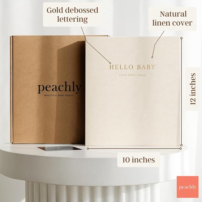 Peachly Unisex Baby Memory Book | Minimalist Baby First Year Keepsake for Milestones | Baby Books First Year Memory Book | Simple Baby Scrapbook for Boy Girl Milestones | Natural Linen - Olive