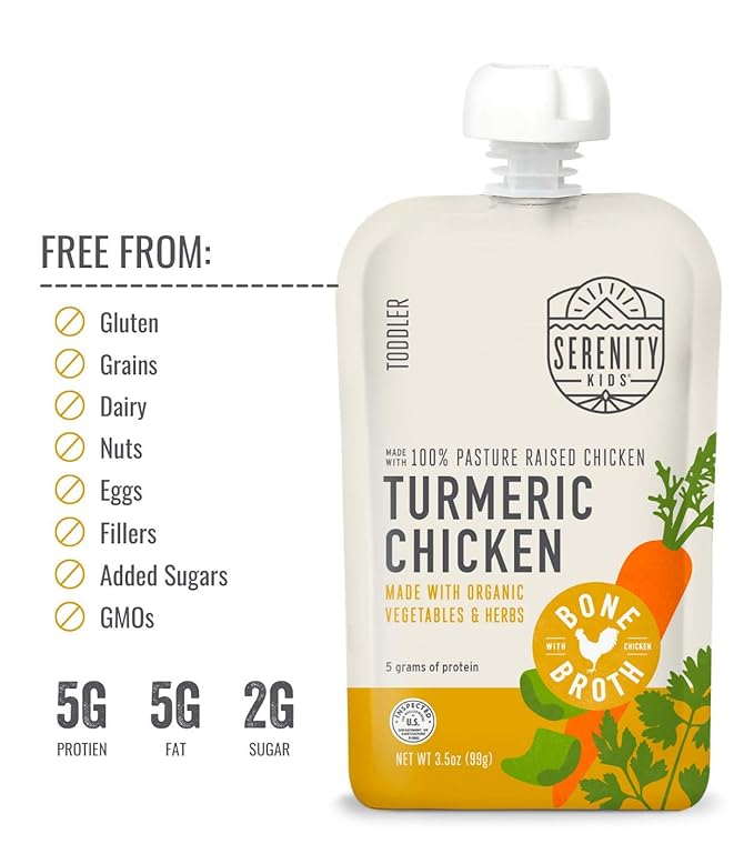 Serenity Kids Organic Turmeric Chicken Bone Broth Made with Organic Veggies - BPA-Free Puree Baby Food Pouches with Pasture-Raised Chicken & Veggies - Savory Flavor - 3.5 Oz, 6 Pack