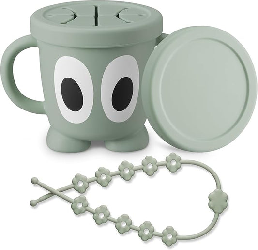 Silicone Snack Cup Food Container for Toddlers and Babies, Spill Proof Training Cup with Snack Cup Lid & Dust Proof Lid, Comes with a toy strap, Without BPA, Lead, or Phthalates (Sage)