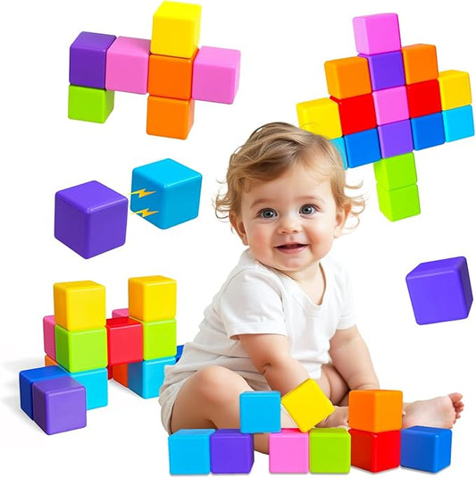 Magnetic Blocks, Large Magnetic Building Blocks for Toddlers, 1.65 Inch 3D Magnet Cubes in 8 Colors, Montessori & Sensory Stacking Toy Gift for Kids Ages 1-3 (16PCS)