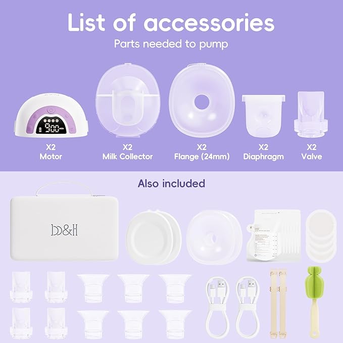 b&h Breast Pump Hands Free with Night Light, S33 Portable Electric Wearable Breastfeeding Pump, 4 Modes & 9 Levels, 17/19/21/24/27mm Flange, Baby Mouth Double-Sealed Flange, Milk Pump for Moms -Purple