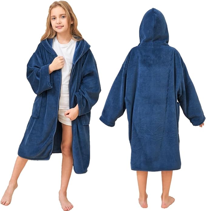 Hiturbo Kids Bath Towel Hoodie: Soft Plush Zipper Surf Poncho - Warm Fleece Changing Towels Swimming Outerwear (Navy)
