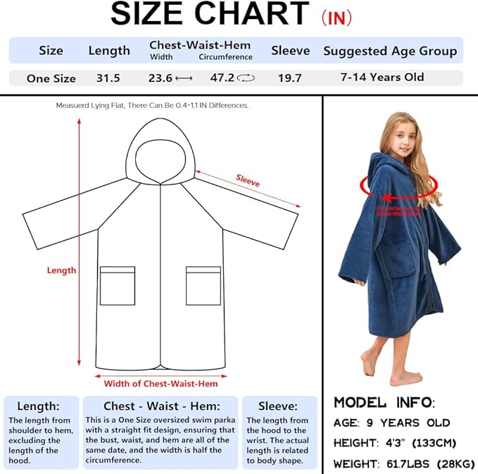 Hiturbo Kids Bath Towel Hoodie: Soft Plush Zipper Surf Poncho - Warm Fleece Changing Towels Swimming Outerwear (Navy)