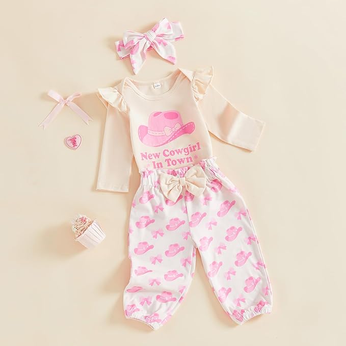 Fernvia Western Newborn Baby Girl Clothes Long Sleeve Letter Print Romper Animal Print Pants Headband 3Pcs Outfits Sets