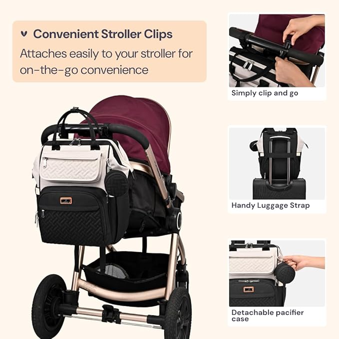 BabbleRoo Diaper Bag Backpack, Multifunction Nappy Changing Bag with Changing Pad, Stroller Straps & Pacifier Case, Unisex Stylish Travel Back Pack for Moms & Dads – Apricot & Black