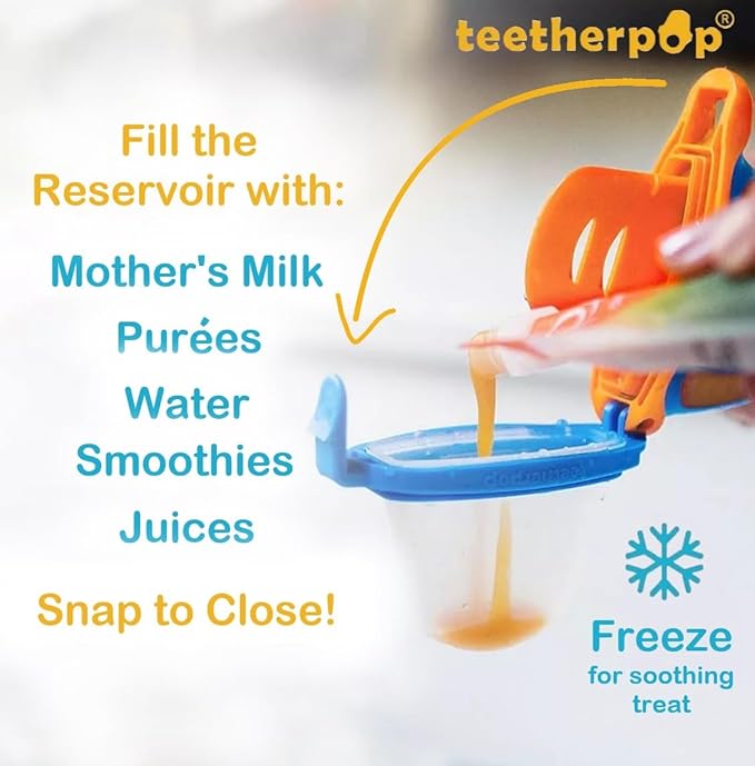 Teetherpop Fillable Silicone Teether for Babies (3-Pack) – Breastmilk Popsicle Molds for Teething w/Spill-Proof Sippy Slits – Freezable Baby Teethers for Liquid & Purée (Fucshia/PinkLemon/BlueLemon)