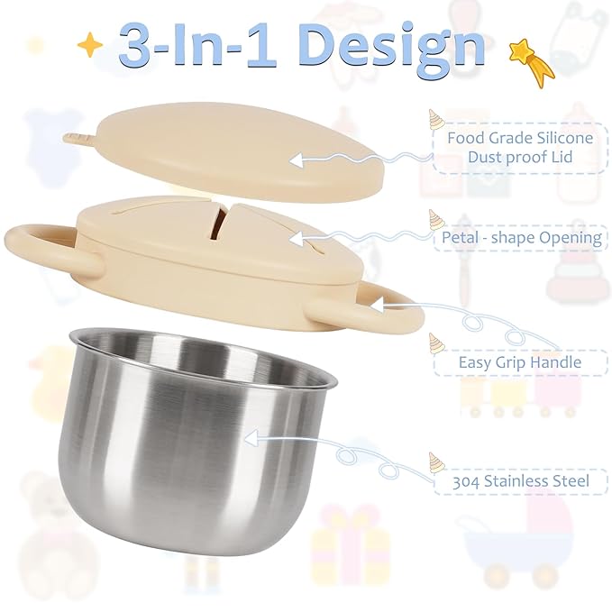 2 Pack 304 Stainless Steel Snack Cups for Toddlers, Toddler Snack Containers with Spill-Proof Silicone Travel Lid & Handle, Dishwasher Safe, Removable Snack Cup for Baby, Toddler, Kids