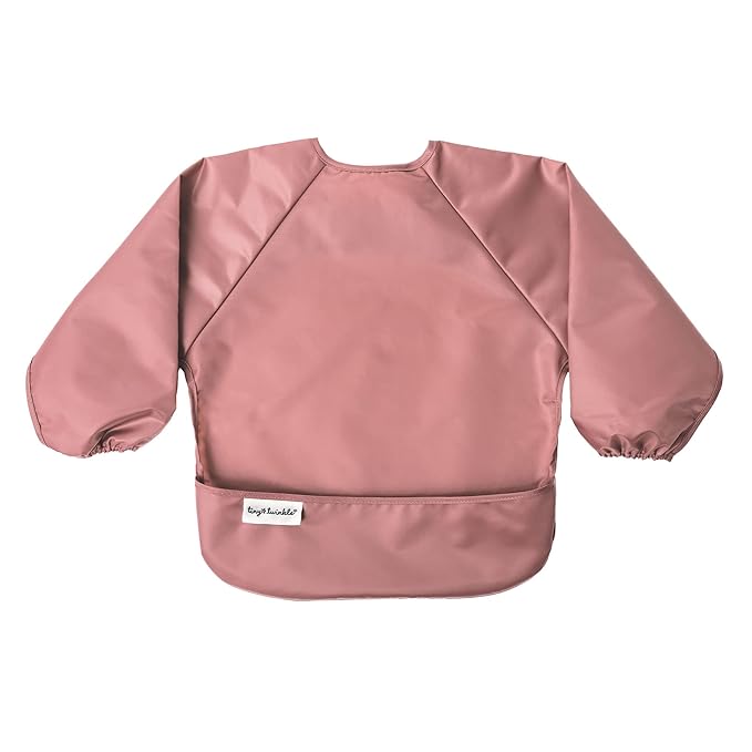 Tiny Twinkle Mess Proof Baby Bibs, 2pk Waterproof Smock Baby Bibs for Eating, Machine Washable Long Sleeve Bibs, Baby Led Weaning, Toddler Bibs, BLW Supplies (Taupe Lilac, Small 6-24 Months)