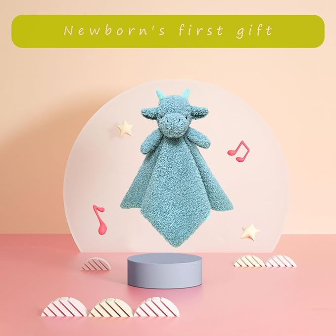 Baby Cyan Dragon Soft Stuffed Animal Security Blanket, Plush Dinosaur Character Lovey Blanket, Baby Shower/Nursery Gift, Newborn Infant Toddler Snuggle Blankie for Boys Girls, 14 Inches