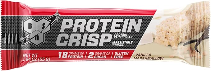 BSN Protein Bars - Protein Crisp Bar by Syntha-6, Whey Protein, 20g of Protein, Gluten Free, Low Sugar, Vanilla Marshmallow, 12 Count