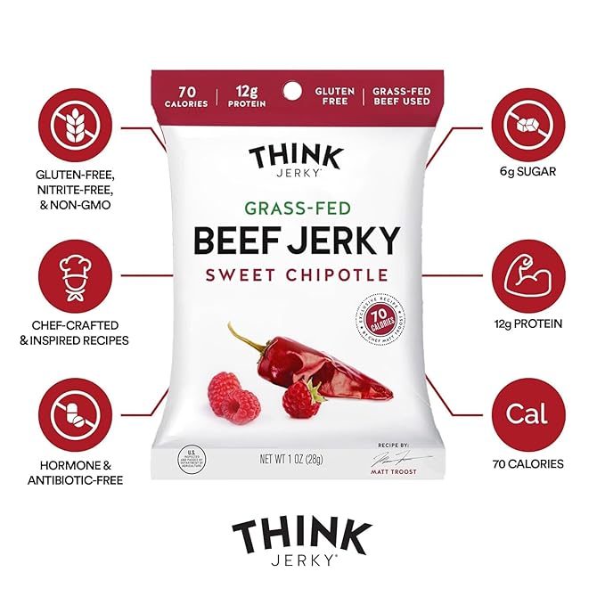 Think Jerky Beef and Turkey Jerky Variety Pack, Classic, Sweet Chipotle, Sriracha Honey, Sesame Teriyaki, Healthy Meat Snack, Low Calorie Low Fat - 1.0 oz Bags, 8 Pack, 2 of Each