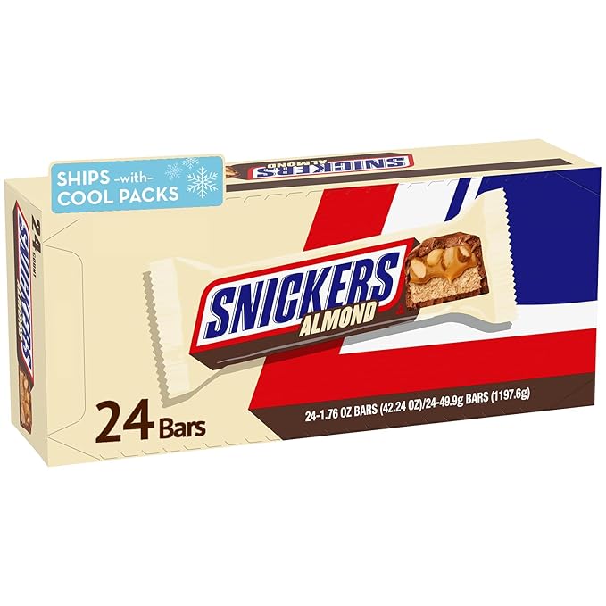 SNICKERS Candy Almond Milk Chocolate Bars Bulk Pack, 1.76 oz Bars (Pack of 24)