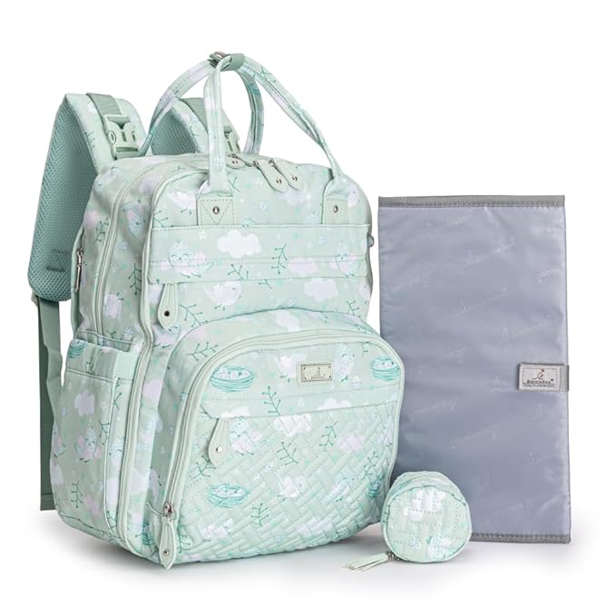 BabbleRoo Diaper Bag Backpack - Baby Essentials Travel Tote - Multi Function Water Resistant Diaper Bag, Travel Essentials Baby Bag with Changing Pad, Stroller Straps & Pacifier Case - Green Birdy