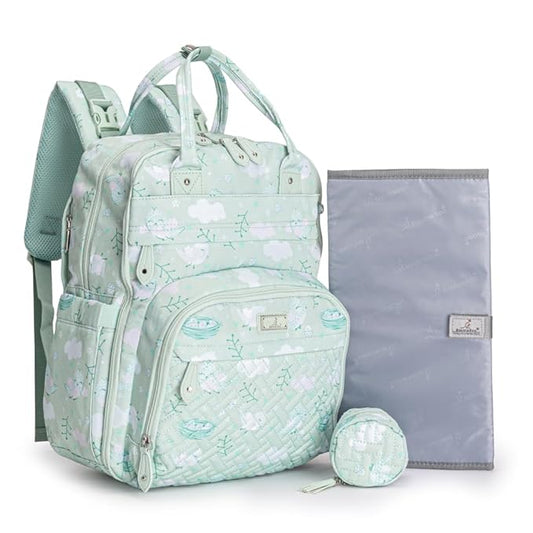 BabbleRoo Diaper Bag Backpack - Baby Essentials Travel Tote - Multi Function Water Resistant Diaper Bag, Travel Essentials Baby Bag with Changing Pad, Stroller Straps & Pacifier Case - Green Birdy