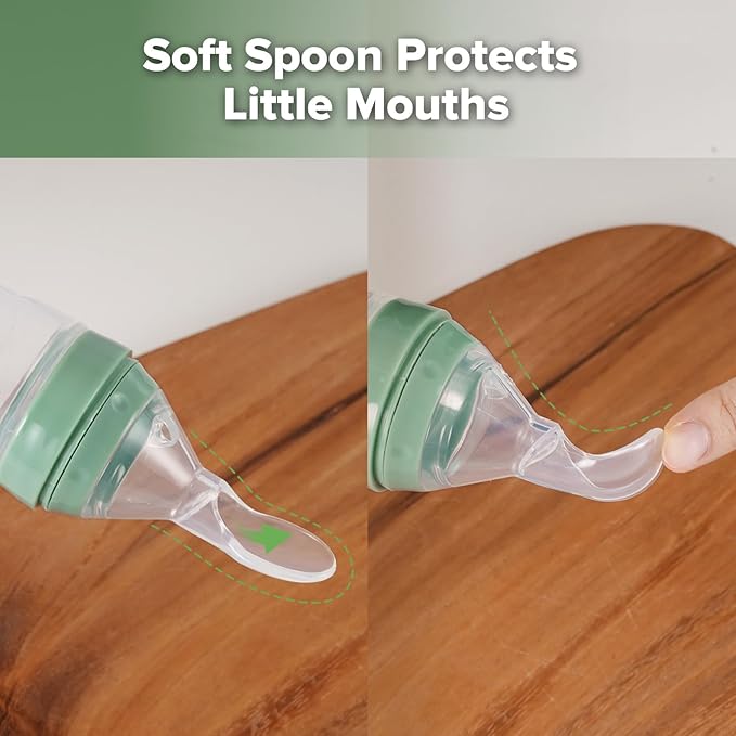 Haakaa Silicone Baby Food Dispensing Spoon Feeder 4oz - Infant Squeeze Cereal Feeder, Baby Fresh Food Feeder, Feed Bottle for Puree, Solid Baby Food, BPA Free, 4m+ Babies – Pea Green