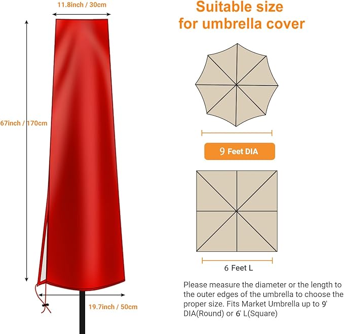 OKPOW Umbrella Covers for Outdoor Umbrellas - Small Patio Umbrella Cover for 6 ft to 9 ft Outdoor Table Umbrella - Waterproof Windproof Anti-UV Garden Parasol Covers, Red