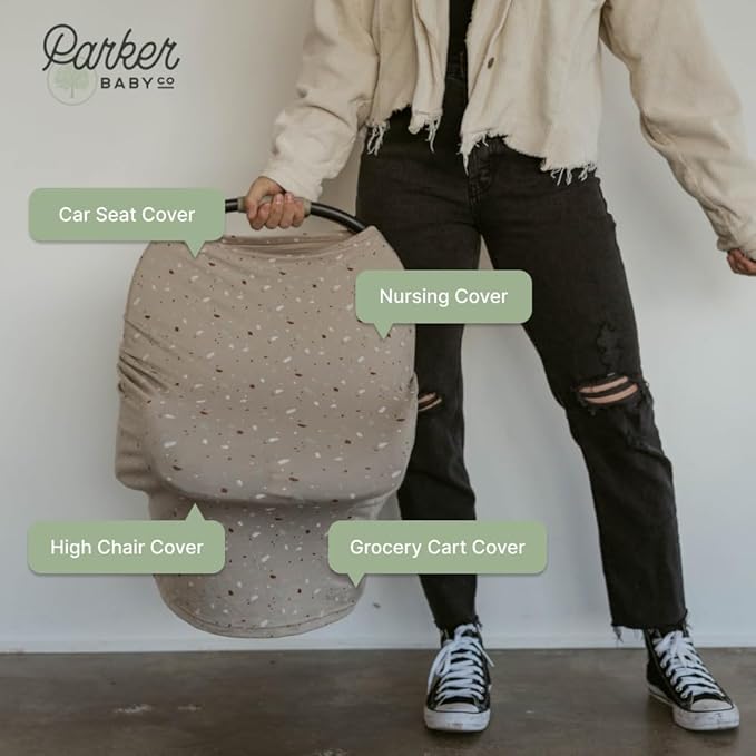 Parker Baby 4 in 1 Car Seat Cover for Girls and Boys - Stretchy Carseat Canopy, Nursing Cover, Grocery Cart Cover, High Chair Cover - “Pebble”