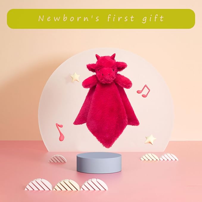 Baby Red Dragon Soft Stuffed Animal Security Blanket, Plush Dinosaur Character Lovey Blanket, Baby Shower/Nursery Gift, Newborn Infant Toddler Snuggle Blankie for Girls Boys, 14 Inches