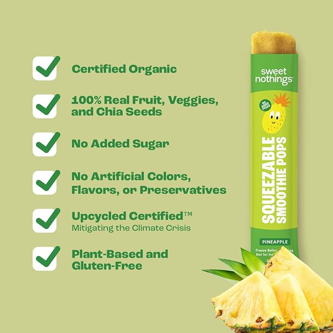 Sweet Nothings, Pineapple, USDA Organic Kids' Squeezable Fruit Smoothie Popsicle Pops, Value Pack of 24 - Dye-Free, No Added Sugar, Dairy-Free, Vegan, Organic Fruit and Veggie Pops, Freeze & Enjoy