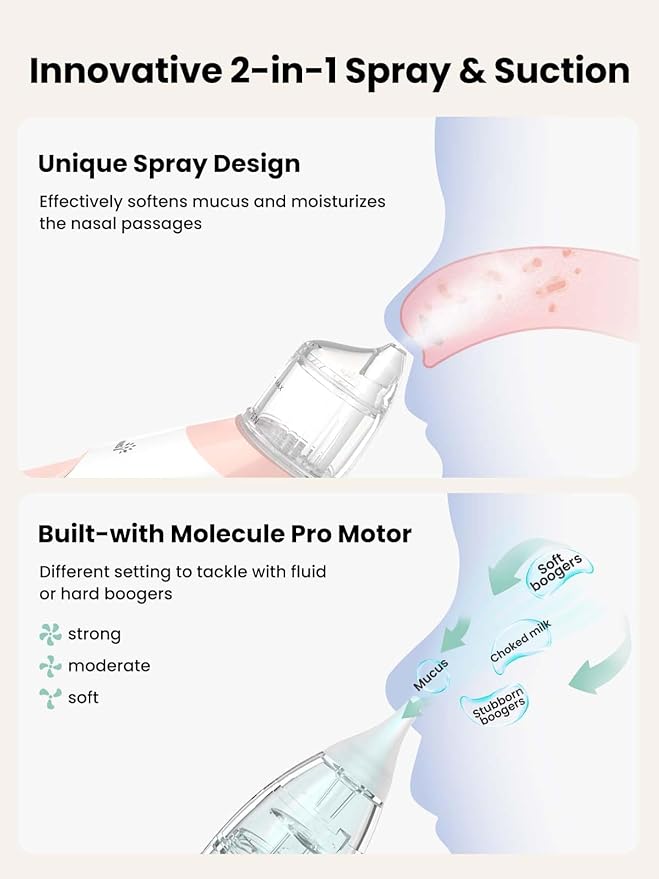 GROWNSY Nasal Aspirator for Baby, 2-in-1 Electric Nose Spray & Suction, Baby Nose Sucker with Powerful Suction, Music and Light Soothing Function, Pink
