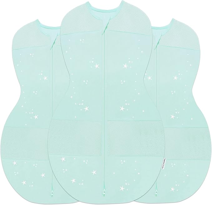 Happiest Baby Sleepea 5-Second Swaddle - 100% Organic Cotton Baby Swaddle Blanket - Doctor Designed Promotes Healthy Hip Development - 3-Pack Bundle (Teal Stars, S, M, L)