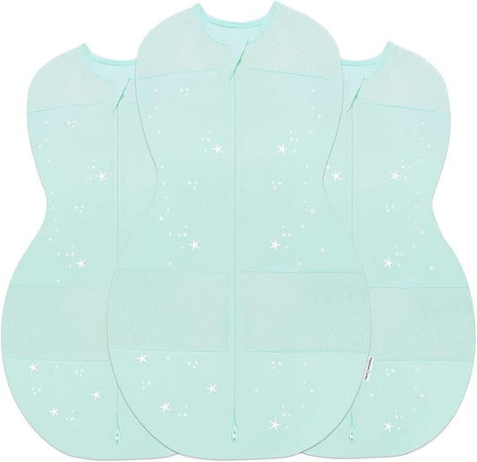 Happiest Baby Sleepea 5-Second Swaddle - 100% Organic Cotton Baby Swaddle Blanket - Doctor Designed Promotes Healthy Hip Development - 3-Pack Bundle (Teal Stars, S, M, L)