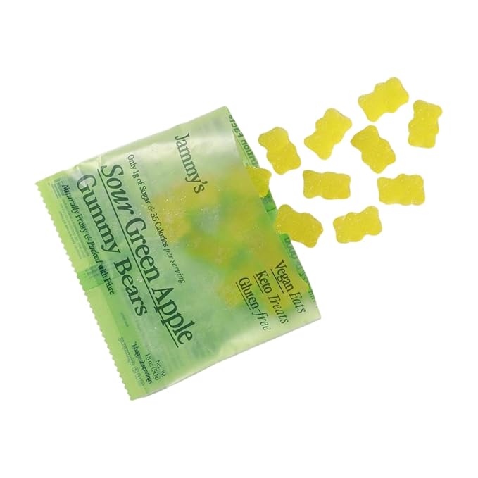 Jammy's™ - Sour Green Apple Gummy Bears | Sugar-Free & Vegan-Friendly | Keto-Friendly, Gluten-Free, Low Carb, High Fibre & Naturally Fruity | Delicious, Soft & Chewy | Box of 6 x 50g Bags