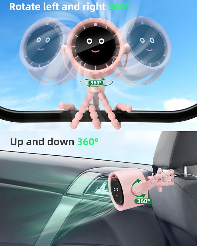 Stroller Fan Portable, Personal Fan for Travel, Air Turbo Tech & Digital display, Detachable 5 Speeds Rechargeable 360° Rotate Flexible Tripod, For Home Office Stroller (Pink)