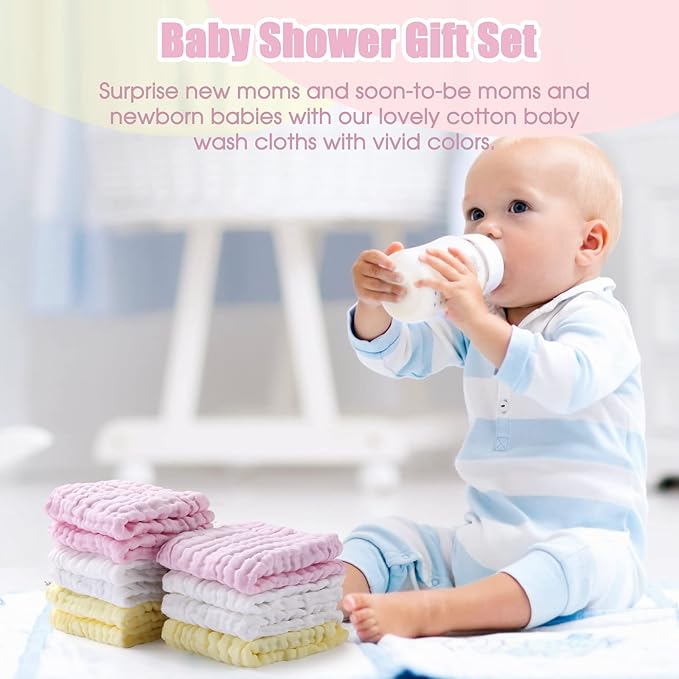MUKIN Baby Washcloths - Natural Cotton Baby Wipes - Soft Newborn Baby Face Towel for Sensitive Skin- Baby Registry as Shower, 10 Pack 12x12 inches (Pink,Yellow,White)